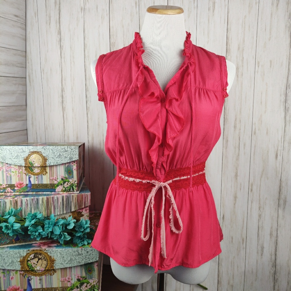 Free People pink ruffle belted button up top a48
